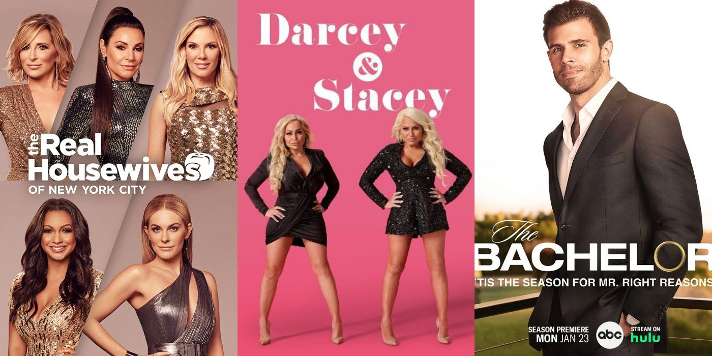 Split image of Real Housewives of New York City, Darcy and Stacey poster, and The Bachelor poster