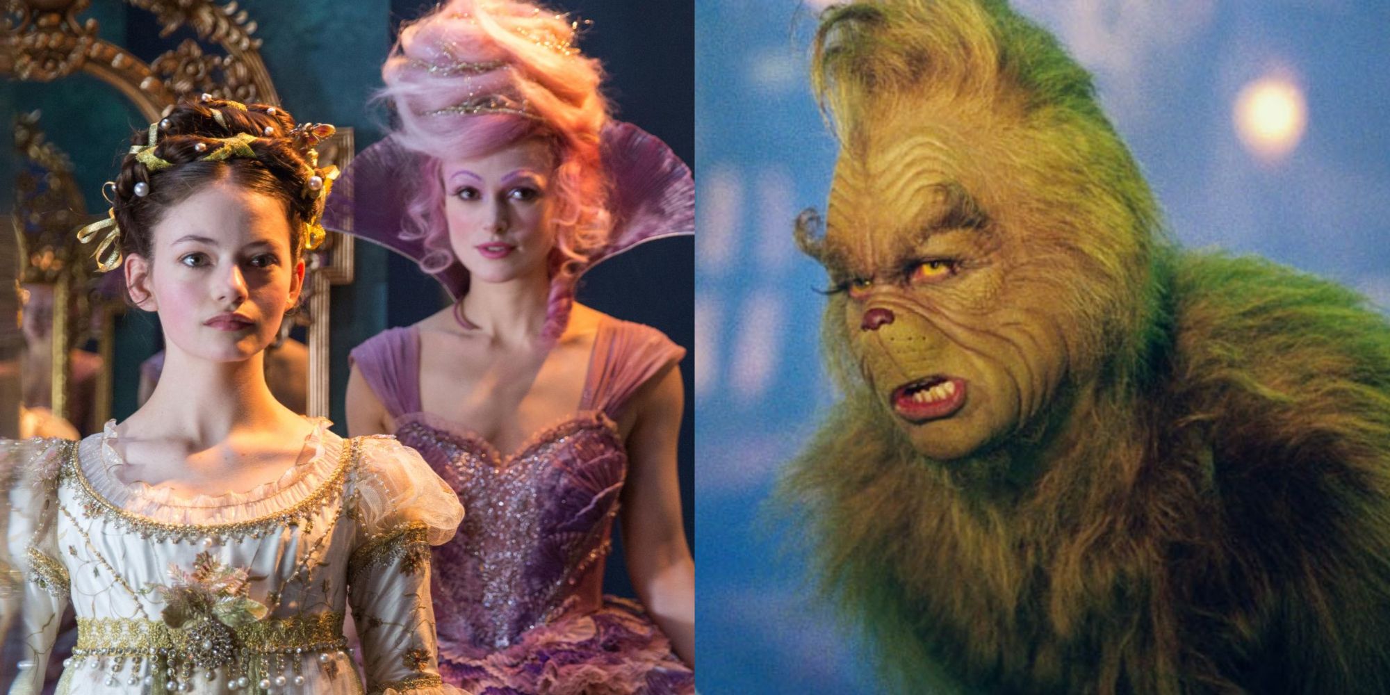 Split Image of scenes from The Nutcracker and the Four Realms and How the Grinch Stole Christmas
