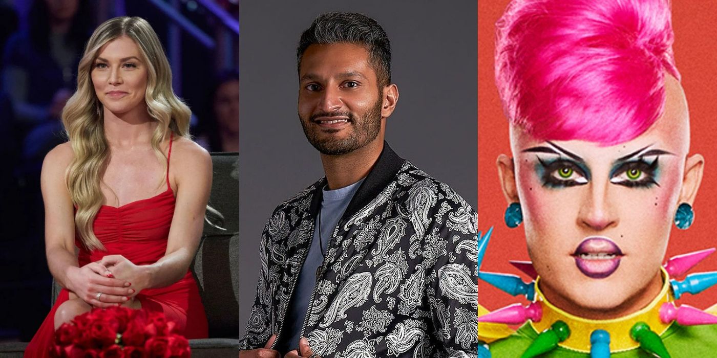 Split image of Shanae Ankney wearing a red dress on the Bachelor, Shake smiling in a promo for love is blind, and Daya Betty looking at the camera in RuPaul's Drag Race