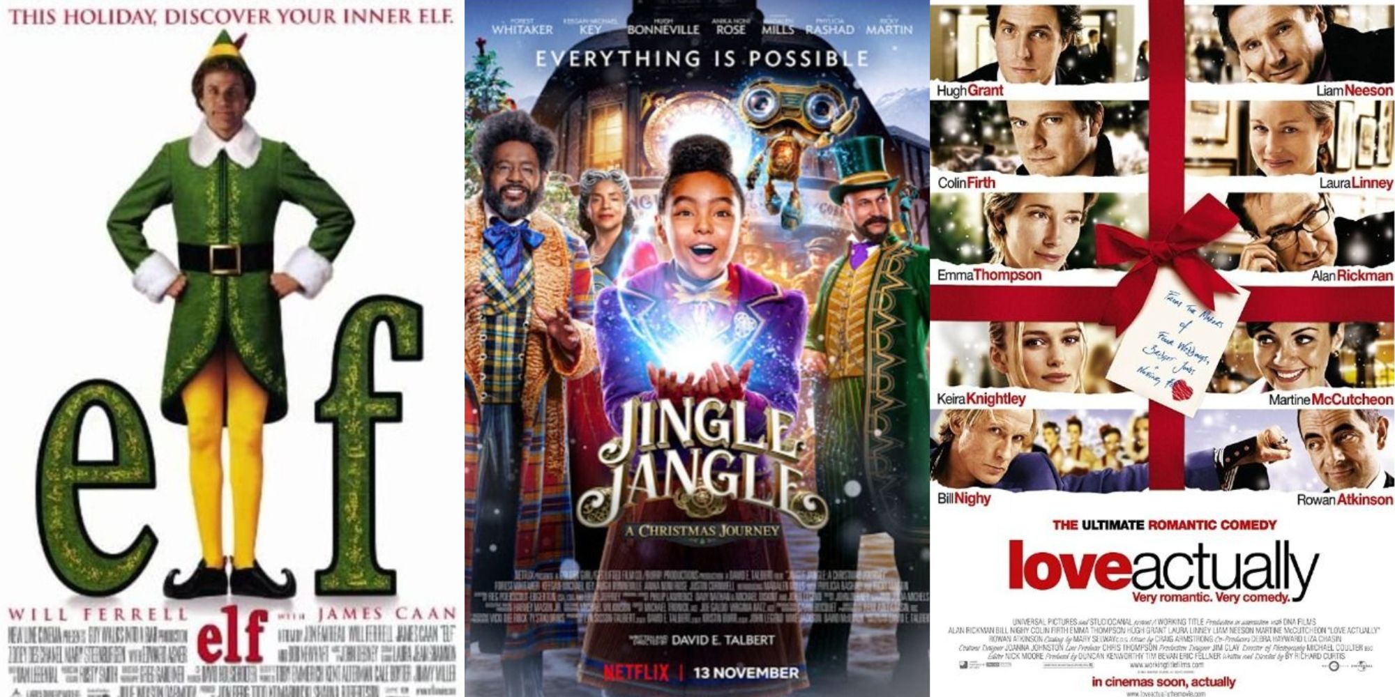 Split image of the posters for Elf, Jingle Jangle, and Love Actually