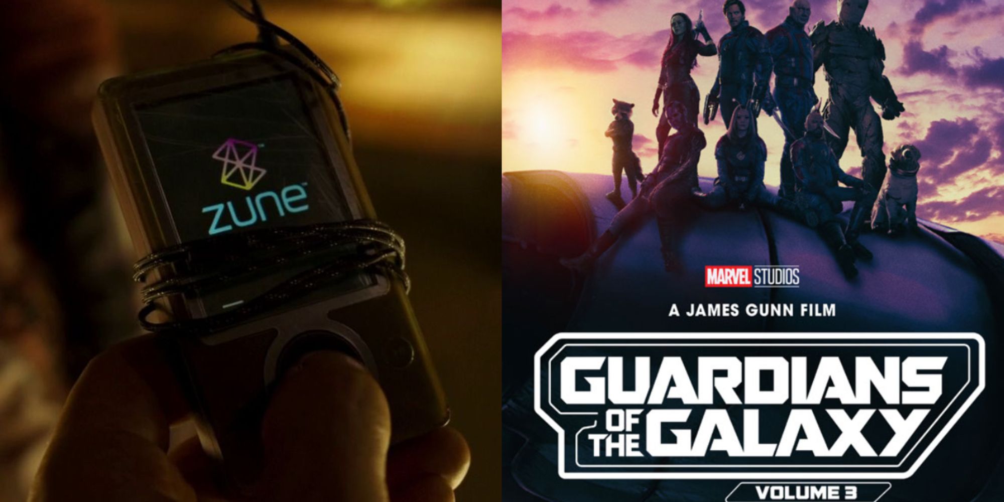 Split image of the Zune fron Guardians of the Galaxy Vol. 2 and the poster for Guardians of the Galaxy Vol. 3