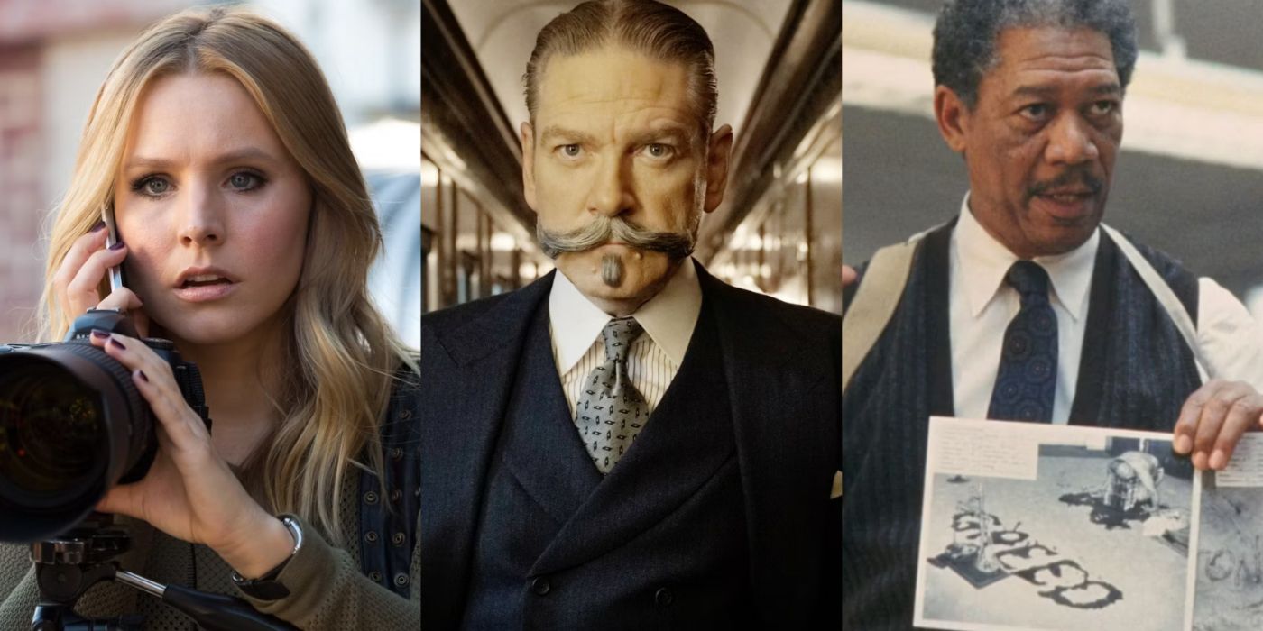 Split image of Veronica Mars, Hercule Poirot, and William Somerset