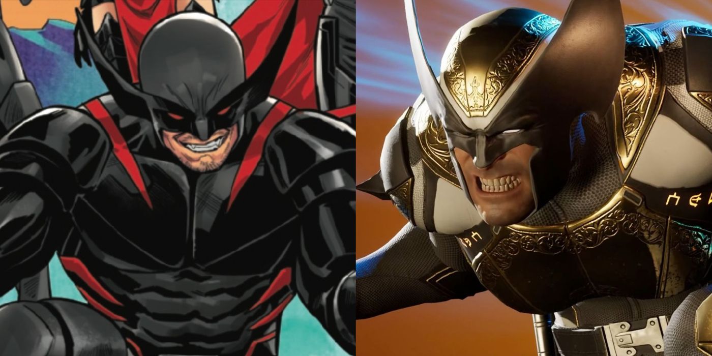 Split image of Wolverine in his comic Midnight Suns armor and Wolverine in the Midnight Suns game