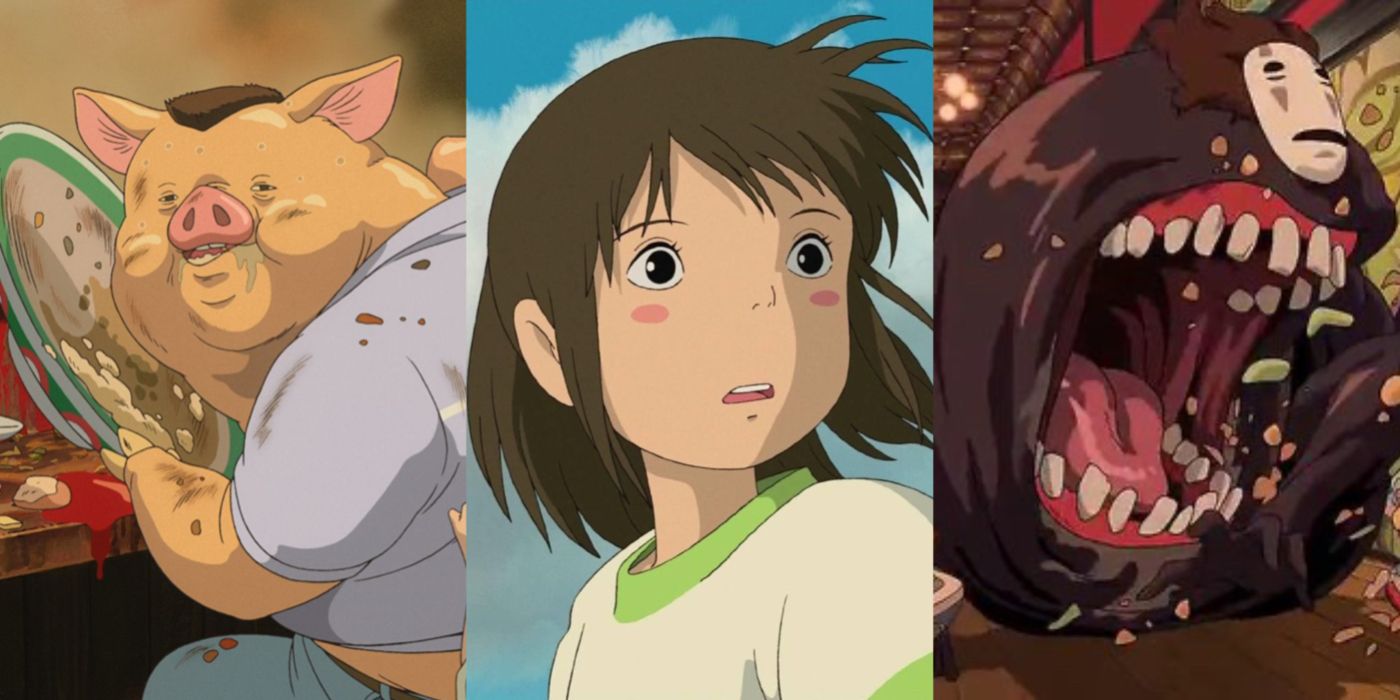 Split image showing Chihiro's father as a pig in Spirited Away, Chihiro, and No-Face