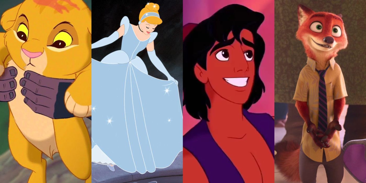 Split image showing Disney's Simba, Cinderella, Aladdin, and Nick Wilde