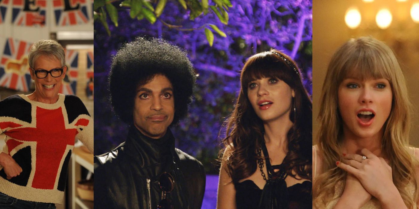 Split image showing Jamie Lee Curtis, Prince, and Taylor Swift in New Girl