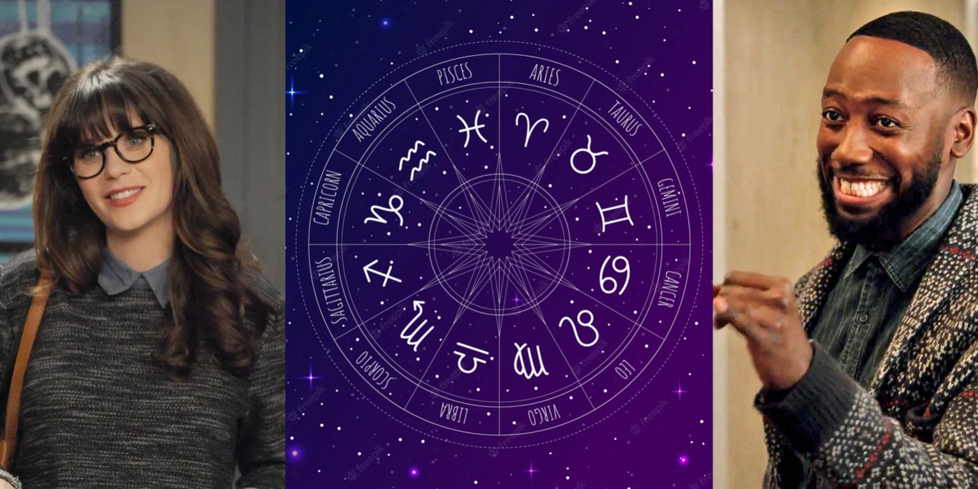 Split image showing Jess and Winston from New Girl, and a zodiac wheel