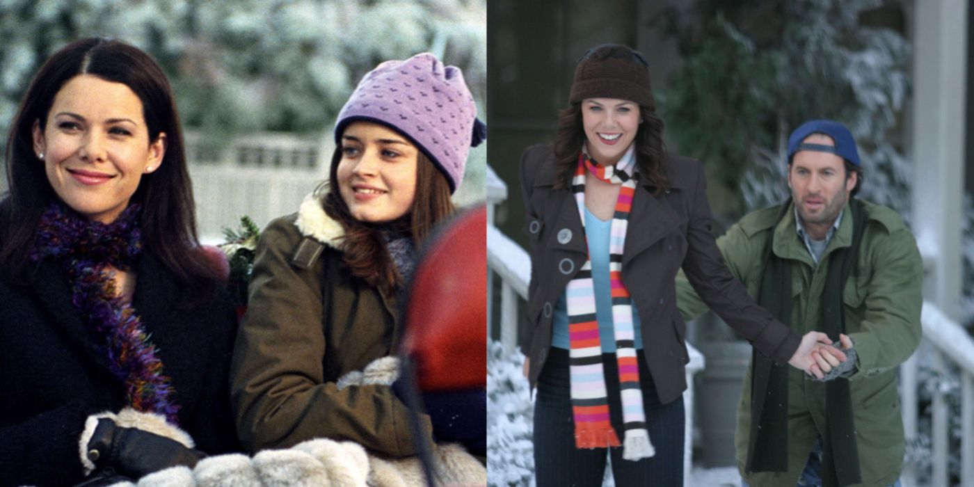 Split image showing Rory and Lorelai riding in a sleigh, and Luke and Lorelai ice skating in Gilmore Girls