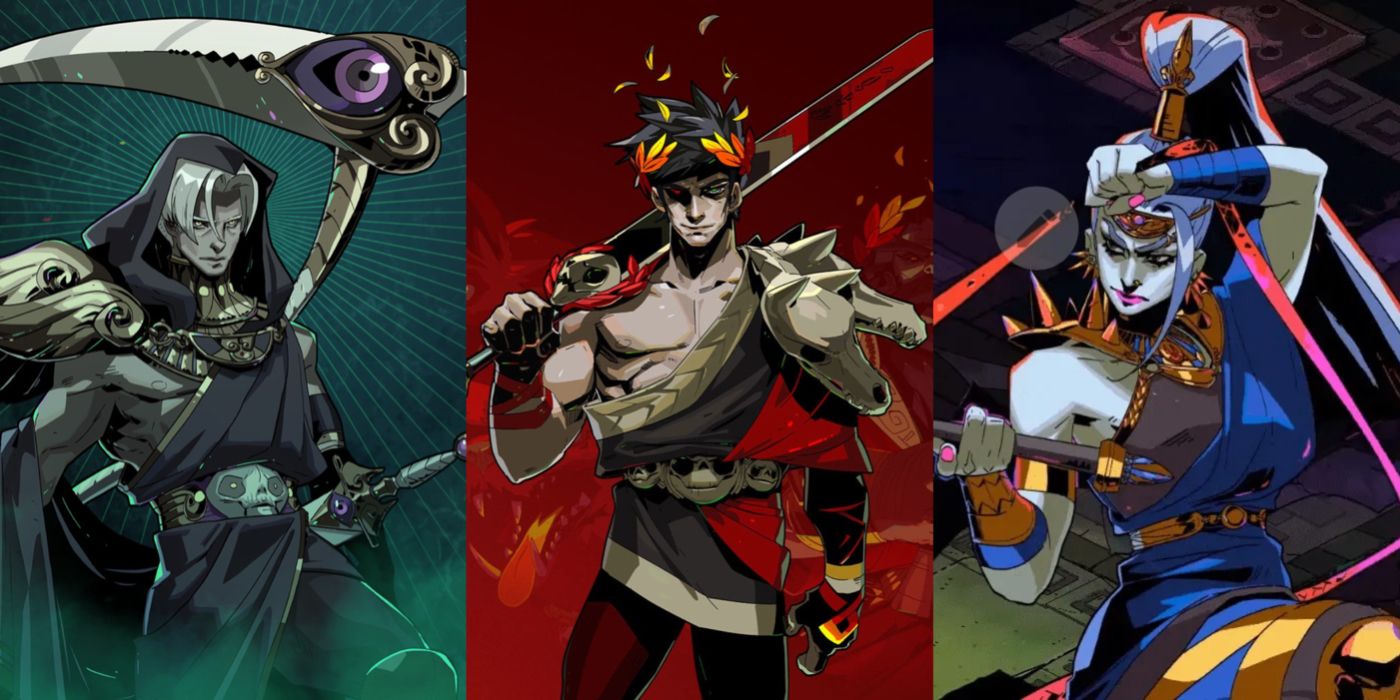 Split image showing Thanatos, Zagreus, and Megaera from Hades