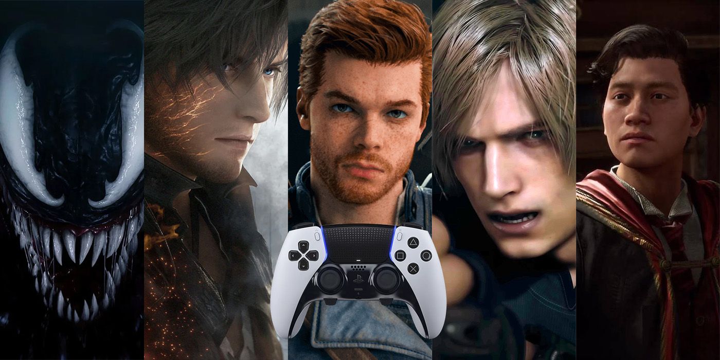 A split image of Venom, Clive, Cal Kestis, Leon and a Hogwarts student with the image of a PlayStation controller overlaid.