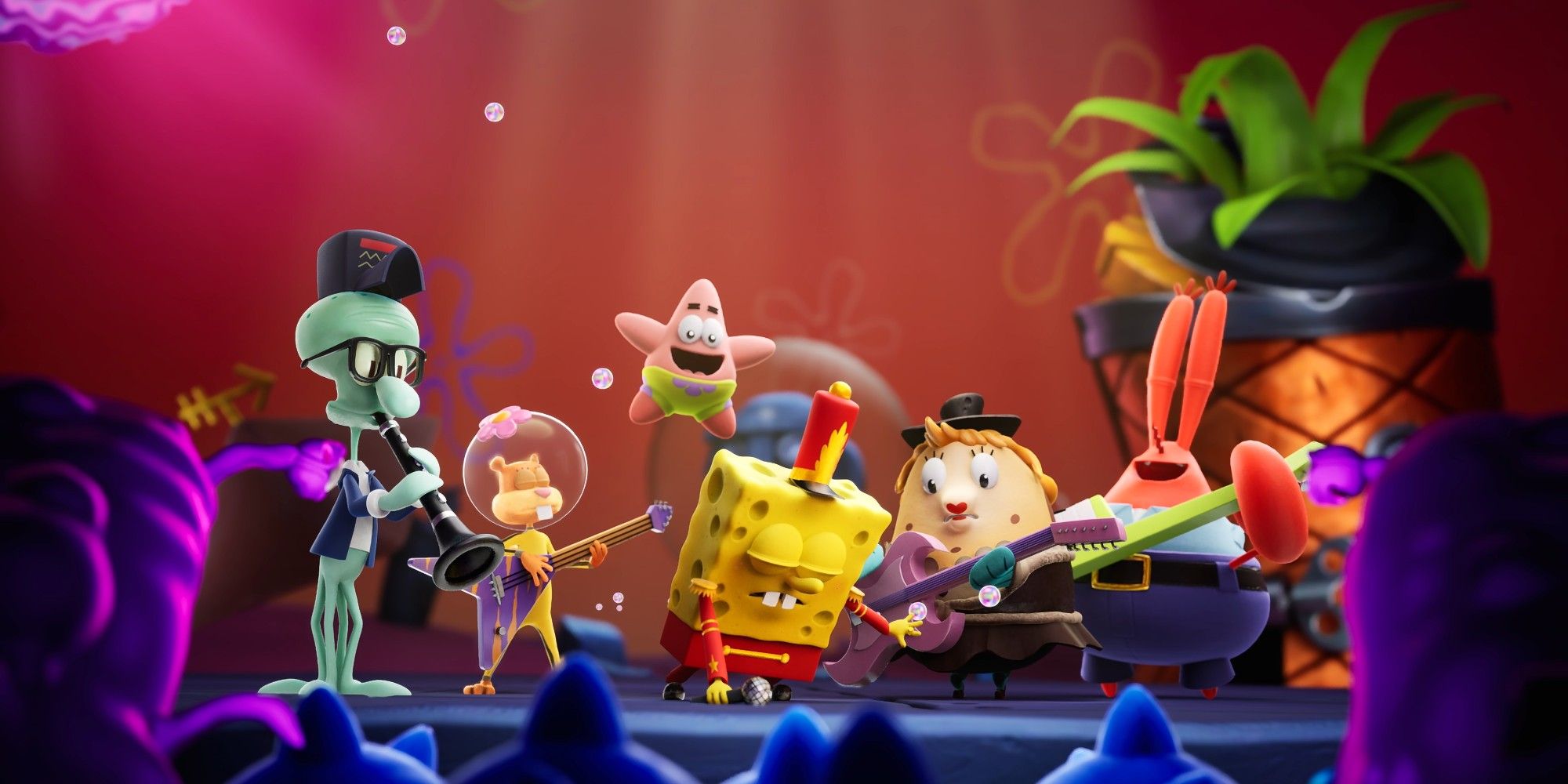 Spongebob Cosmic Shake screencap showing Sqidward, Sandy, Spongebob, Mrs. Puff, and Mr. Krabs performing in a bad with ballon Patrick in the background.