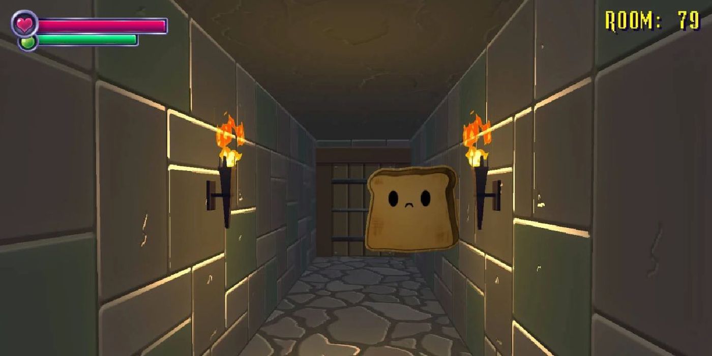 A cardboard cutout of a piece of toast jumps out at the player in a long hallway