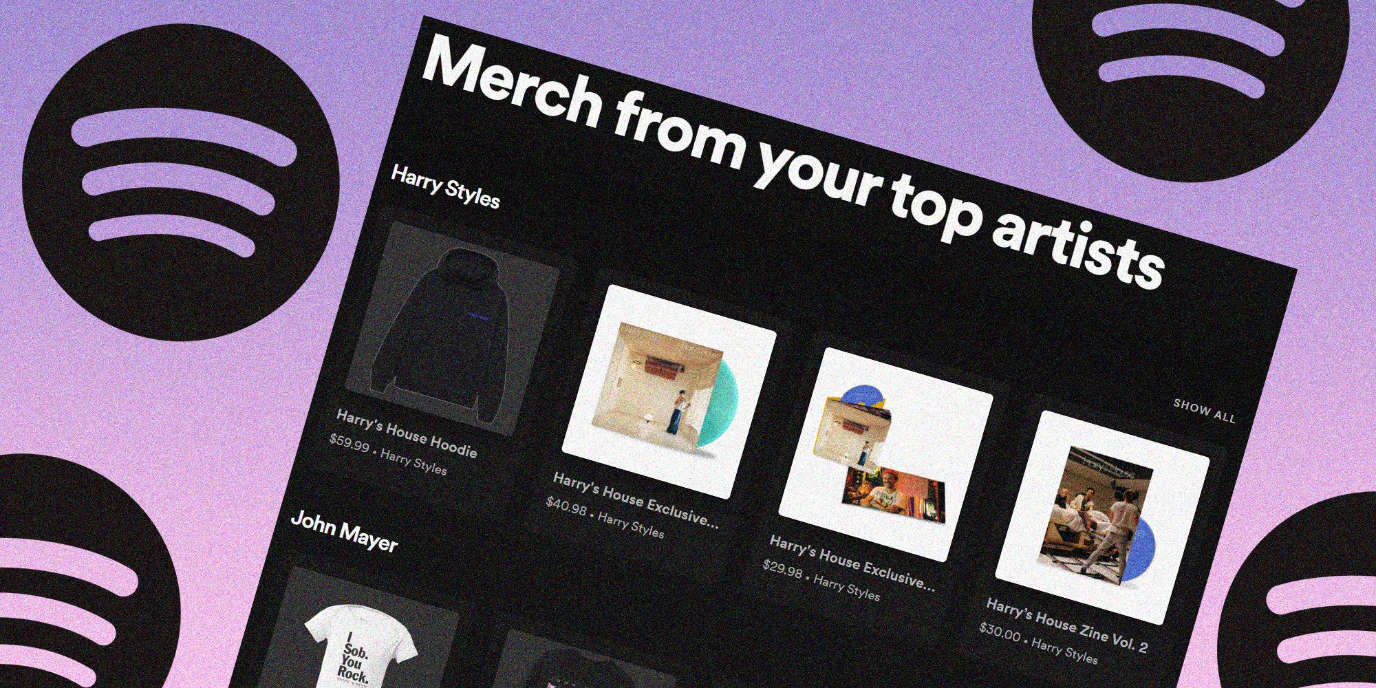Spotify Top Artist Merch Page illustrée à côté du logo Spotify en noir, sur fond violet
