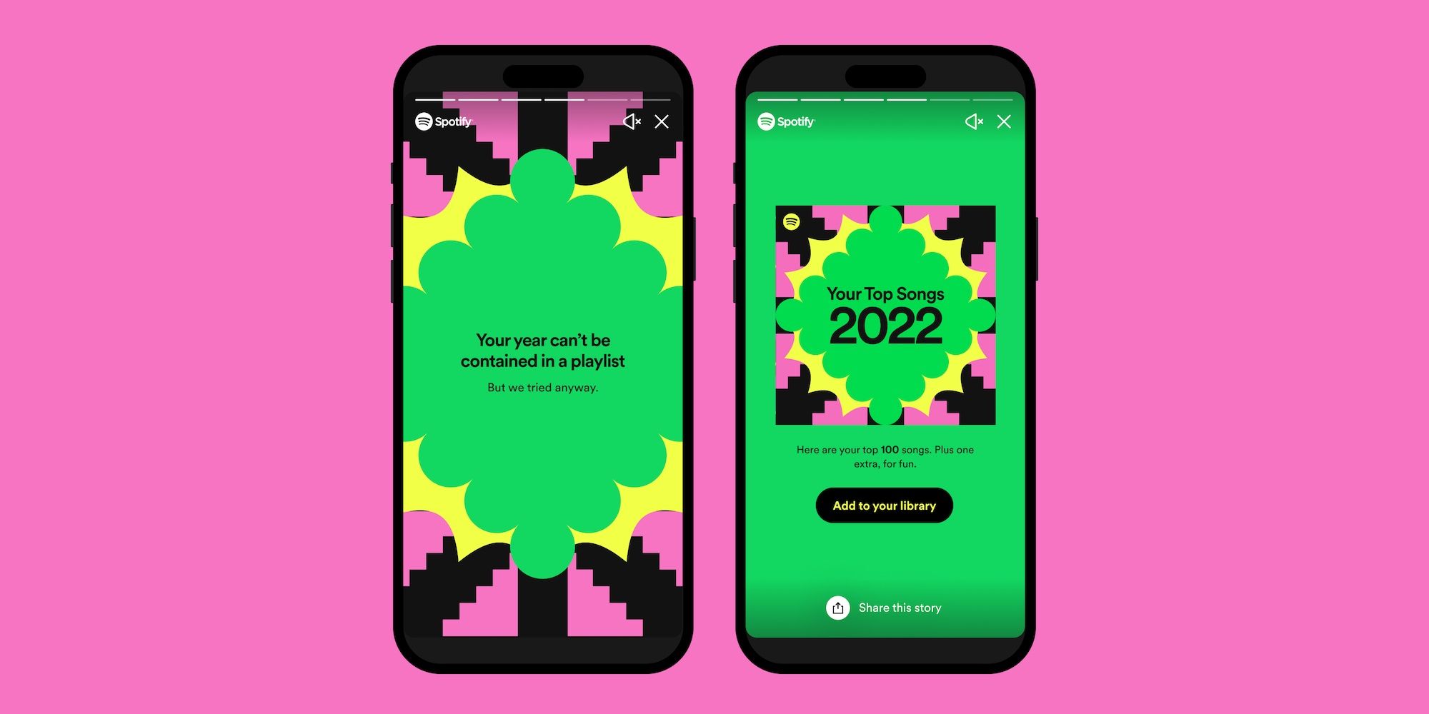 Dois iPhones lado a lado exibindo uma playlist do Spotify Wrapped 2022