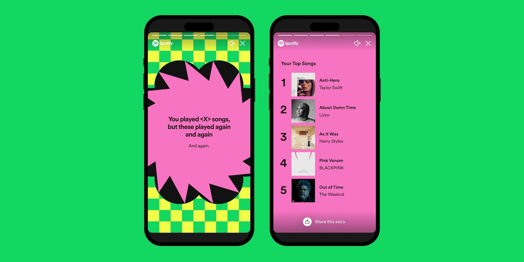 Two iPhones side by side displaying top songs from Spotify Wrapped 2022
