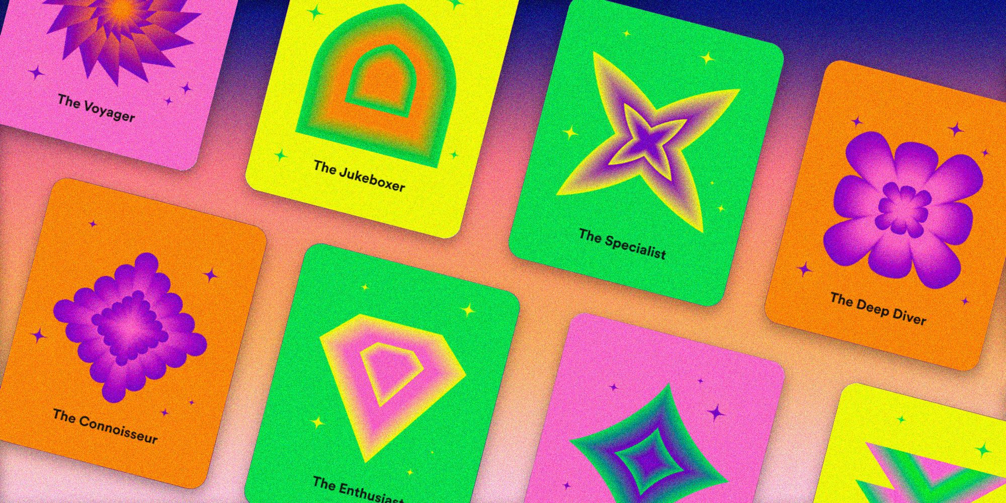 Spotify Wrapped Listening Personality cards in green, orange, yellow, and pink on a gradient pink and purple background