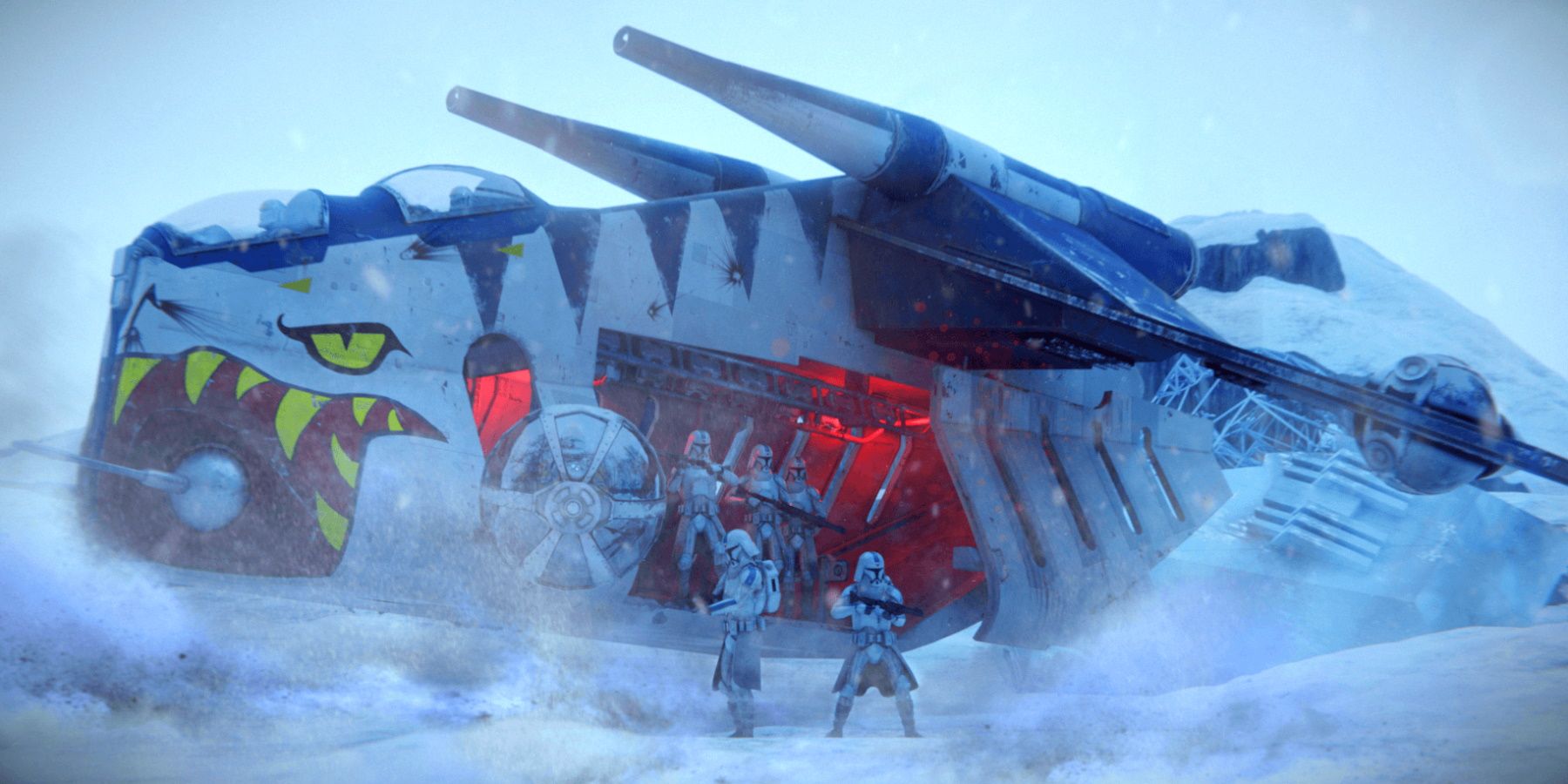 Several clone troopers in winter gear disembark from a Republic LAAT Gunship with shark-tooth markings.