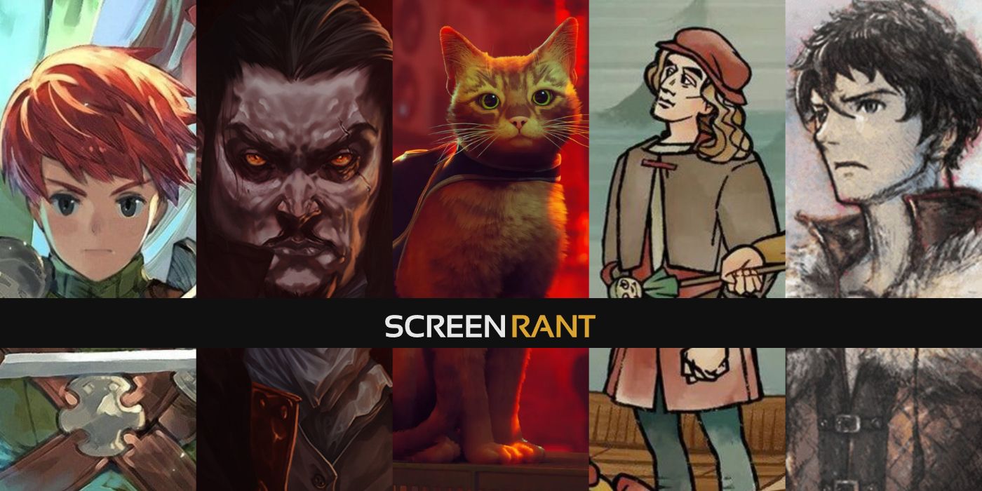 Main characters from Chained Echoes, Vampire Survivors, Stray, Pentiment and Triangle Strategy in vertical slices with a Screen Rant banner and logo on top.