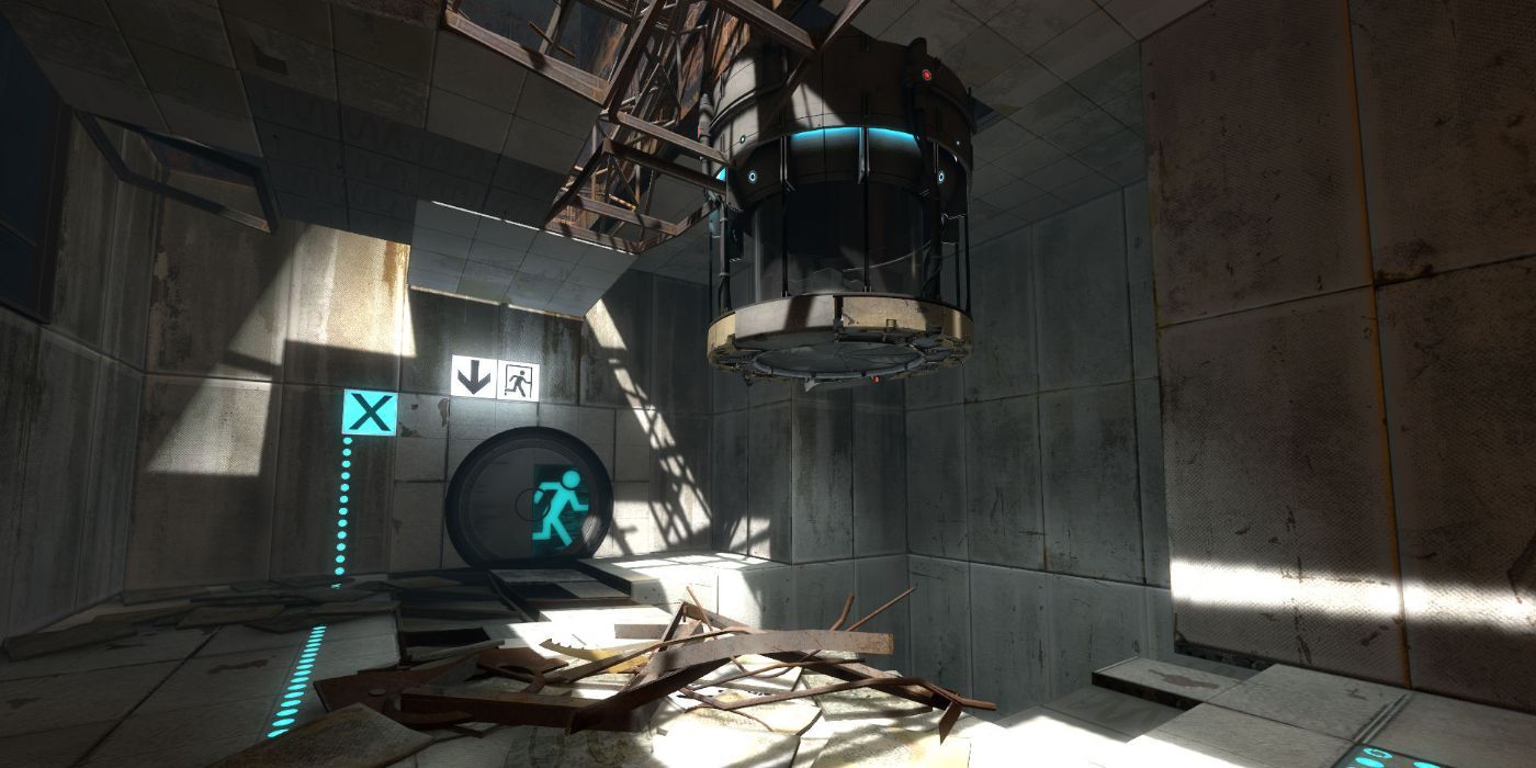 Uma câmara de testes parcialmente arruinada no Portal 2.