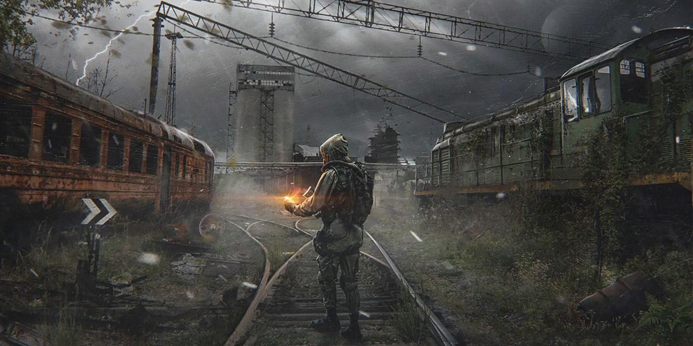 Um personagem Stalker 2 parado no topo de um trilho de trem abandonado com uma tempestade ao fundo.