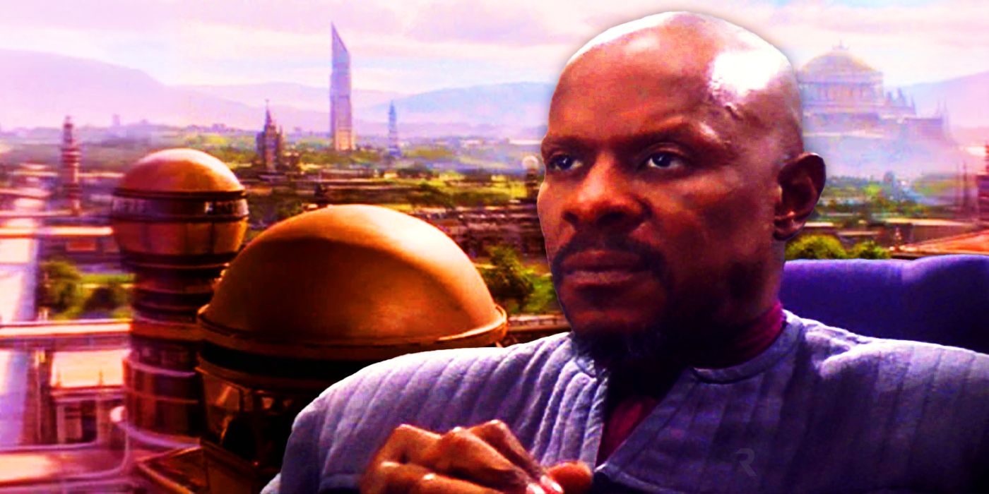 Captain Benjamin Sisko against the backdrop of Bajor in Star Trek: Deep Space Nine