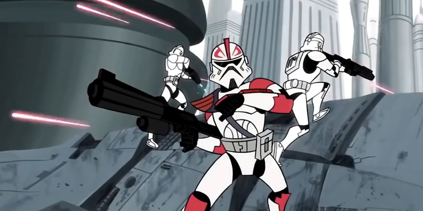 Clone Troopers fight in the Battle of Coruscant in the Star Wars: Clone Wars cartoon