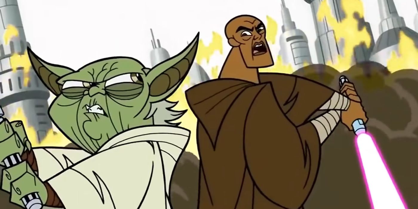 Yoda and Mace Windu fight side-by-side in the Star Wars: Clone Wars cartoon