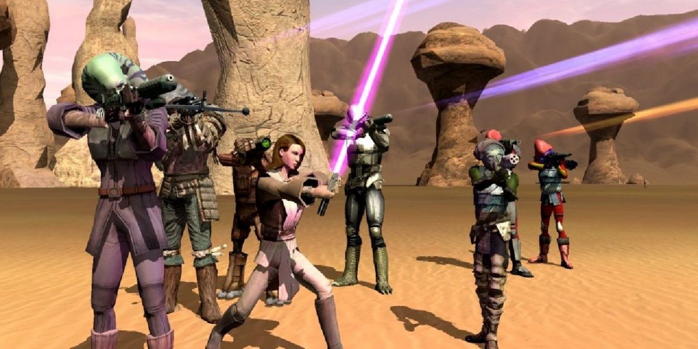An image of Star Wars characters on a desert background in Star Wars galaxies gameplay