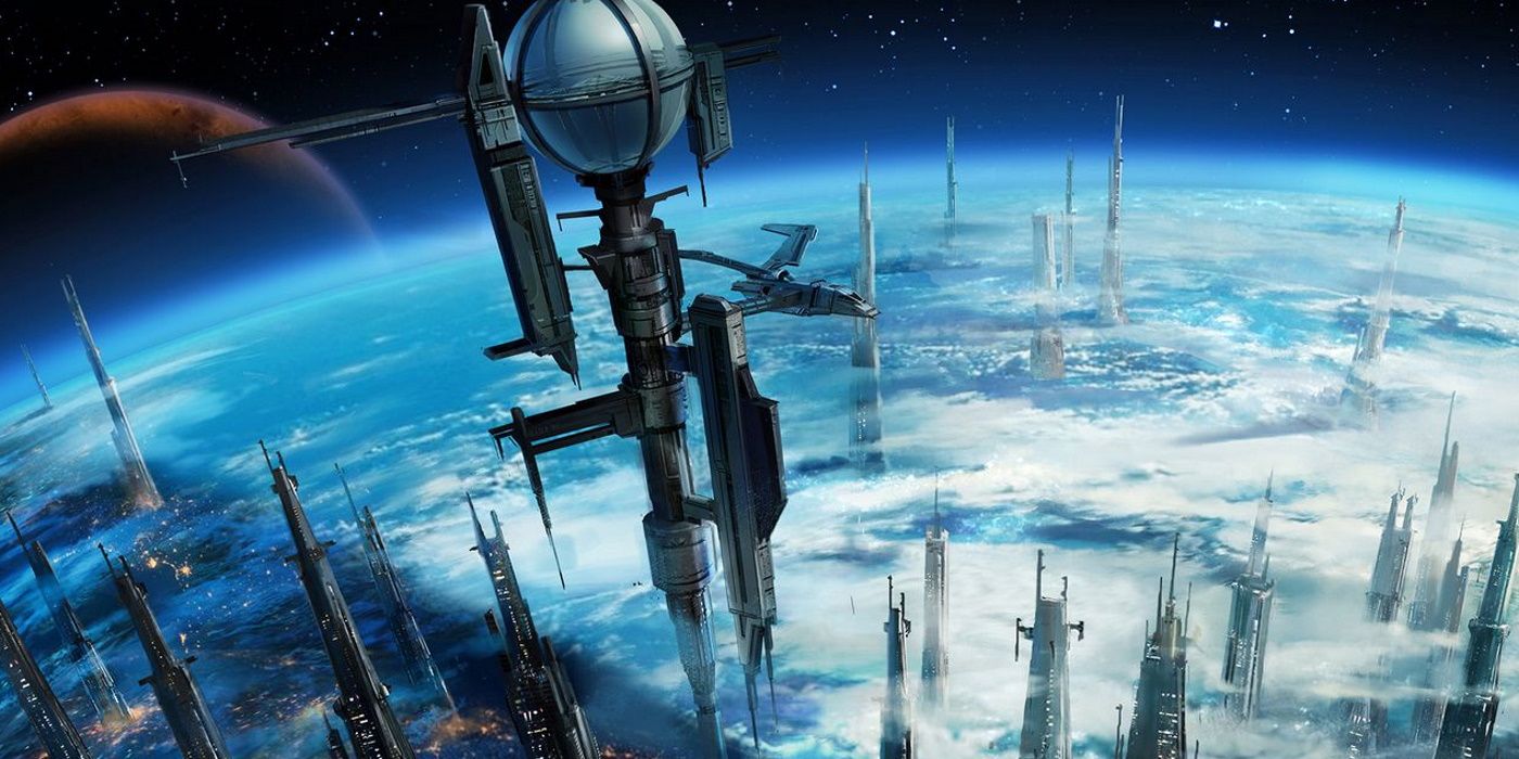 The planet Zakuul from Star Wars: The Old Republic, with towers that reach beyond the clouds into the upper atmosphere.
