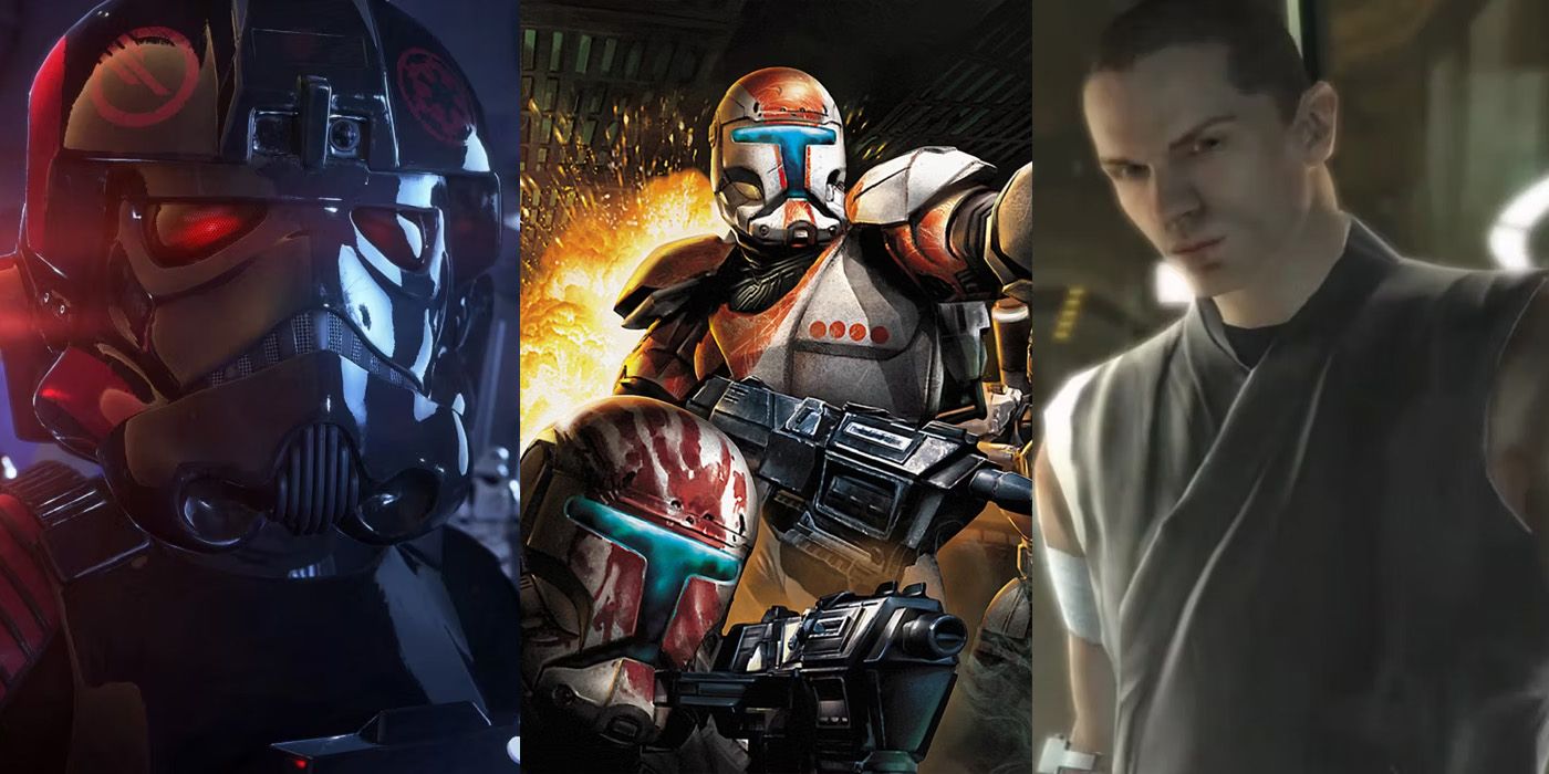A split image showing characters from three different Star Wars games: Battlefront 2's Iden Veriso, members of Delta Squad from Republic Commando, and Starkiller from The Force Unleashed.