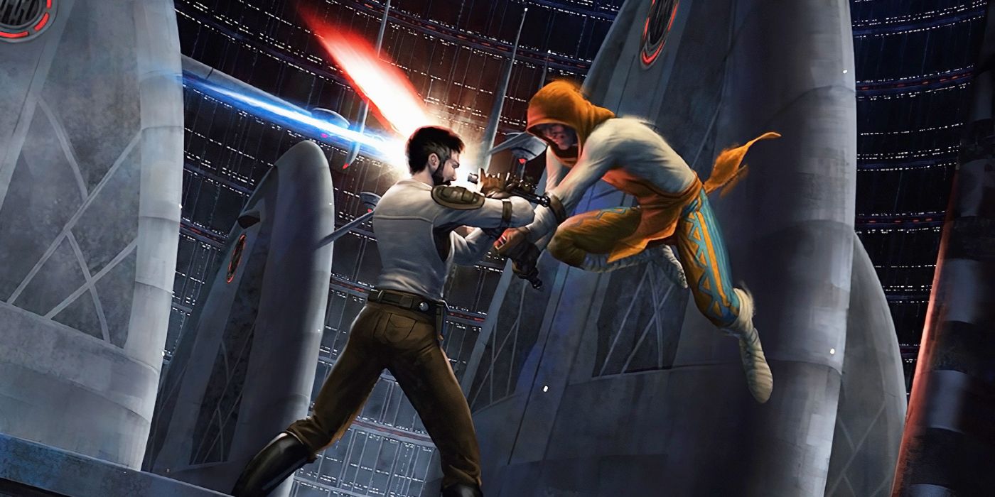 Kyle Katarn lutando contra um Sith Acolyte em Jedi Knight 2 Jedi Outcast.