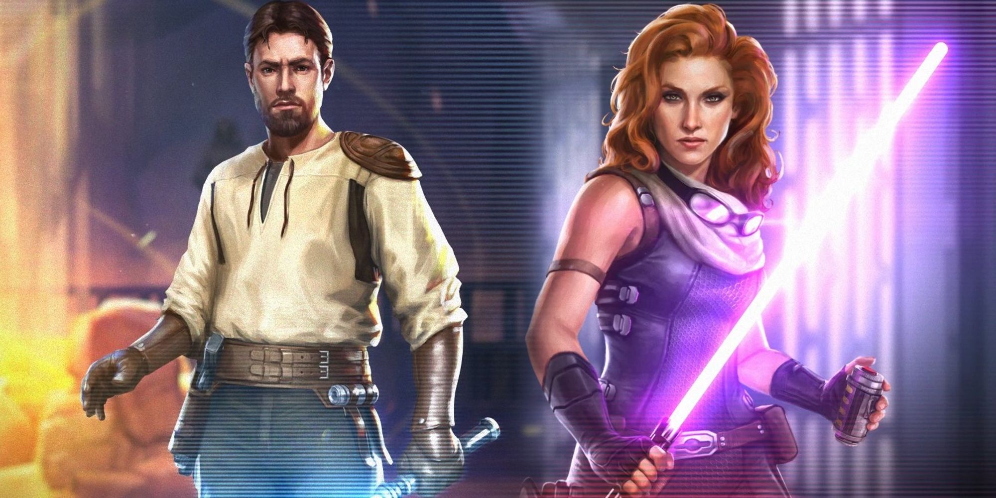 Afbeelding van Jedi Kyle Katarn en Mara Jade naast elkaar afgebeeld met hun lichtzwaarden verlicht.