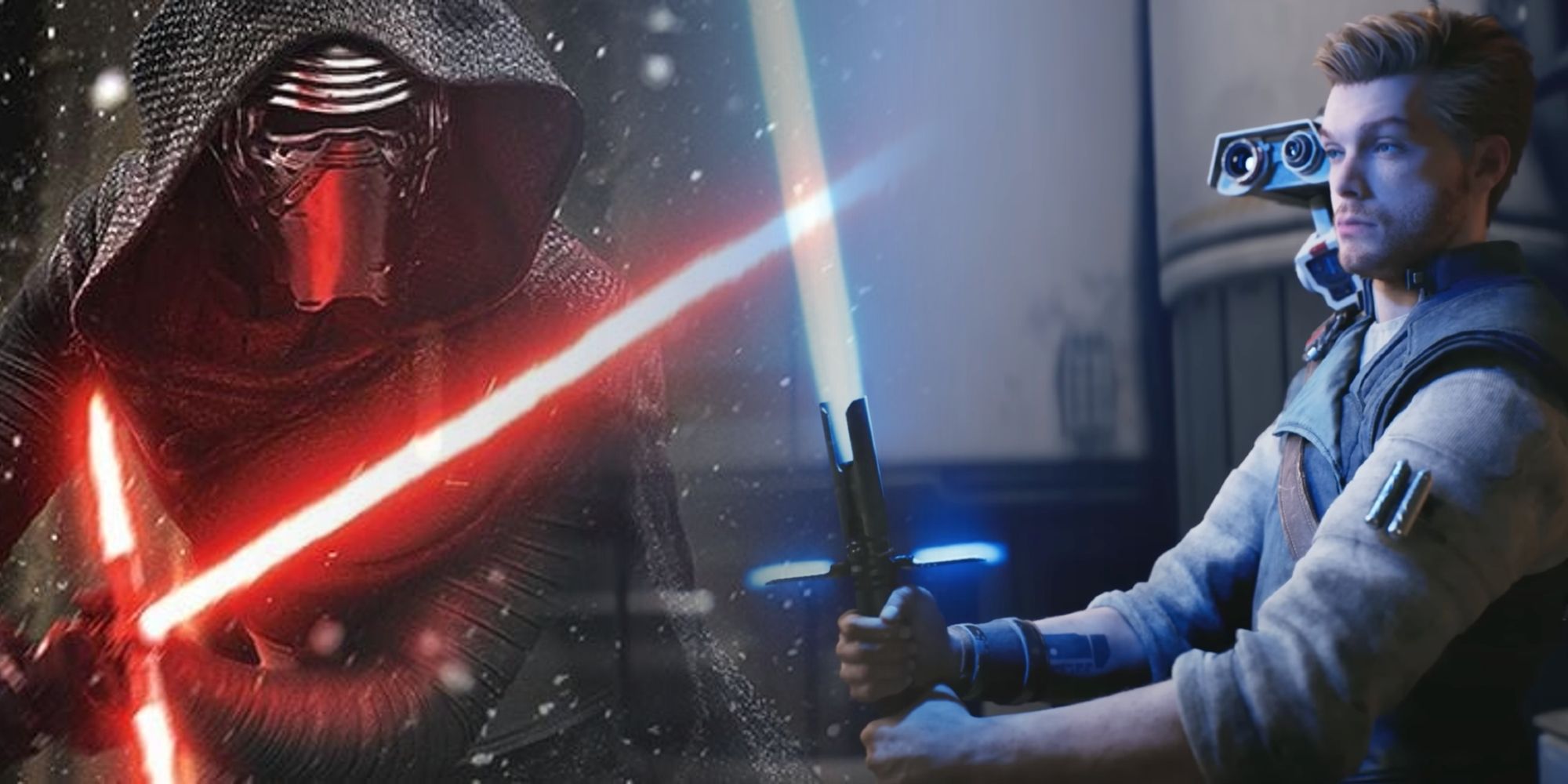 Image of a masked Kylo Ren wielding his red crossguard lightsaber, pictured next to Cal Kestis igniting his blue crossguard lightsaber.