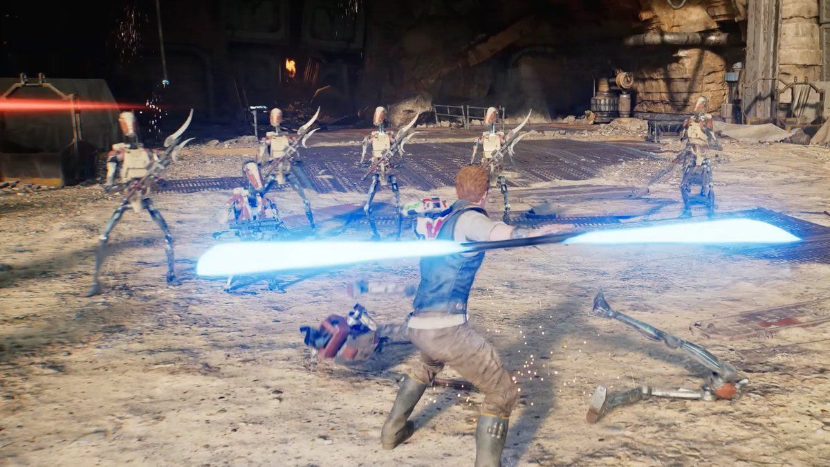 A screenshot from the Star Wars Jedi: Survivor trailer featuring Cal Kestis and his double-bladed lightsaber.
