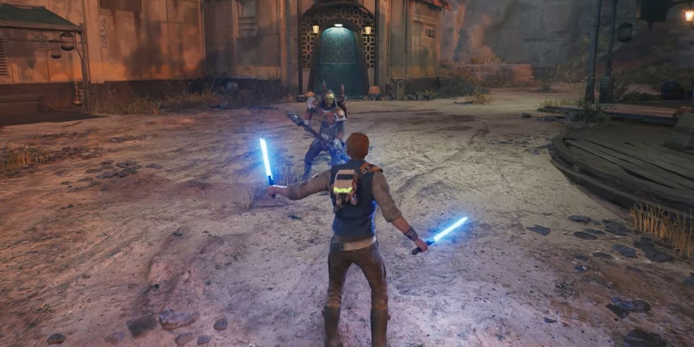 Uma captura de tela do trailer de Star Wars Jedi: Survivor com Cal Kestis e seus sabres de luz duplos.