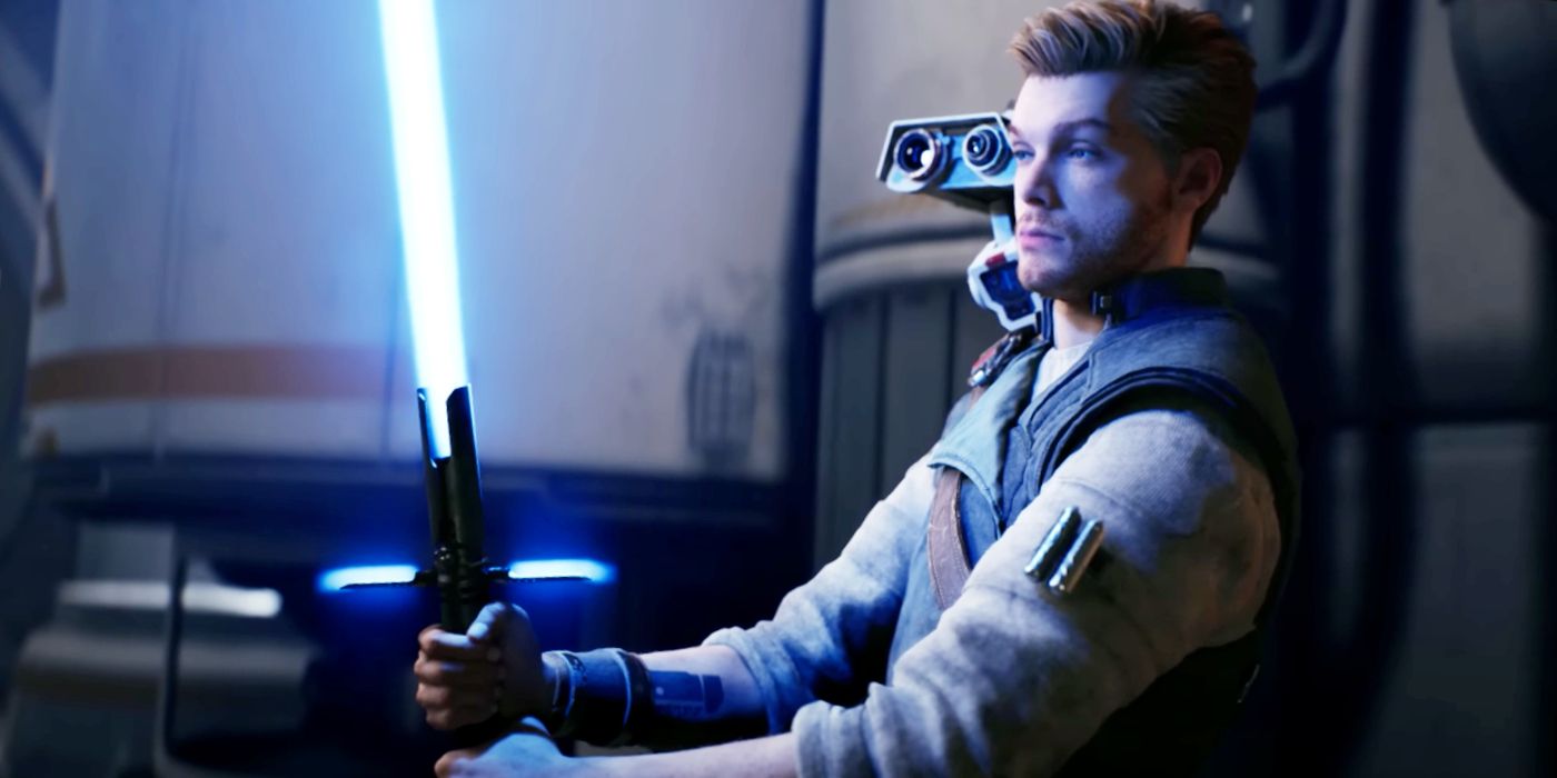 Cal Kestis ignites a blue crossguard lightsaber in the gameplay reveal trailer for Star Wars Jedi: Survivor.