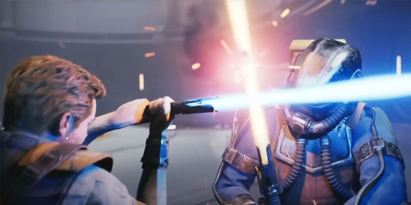 A screenshot from Star Wars Jedi: Survivor featuring Cal Kestis in battle.