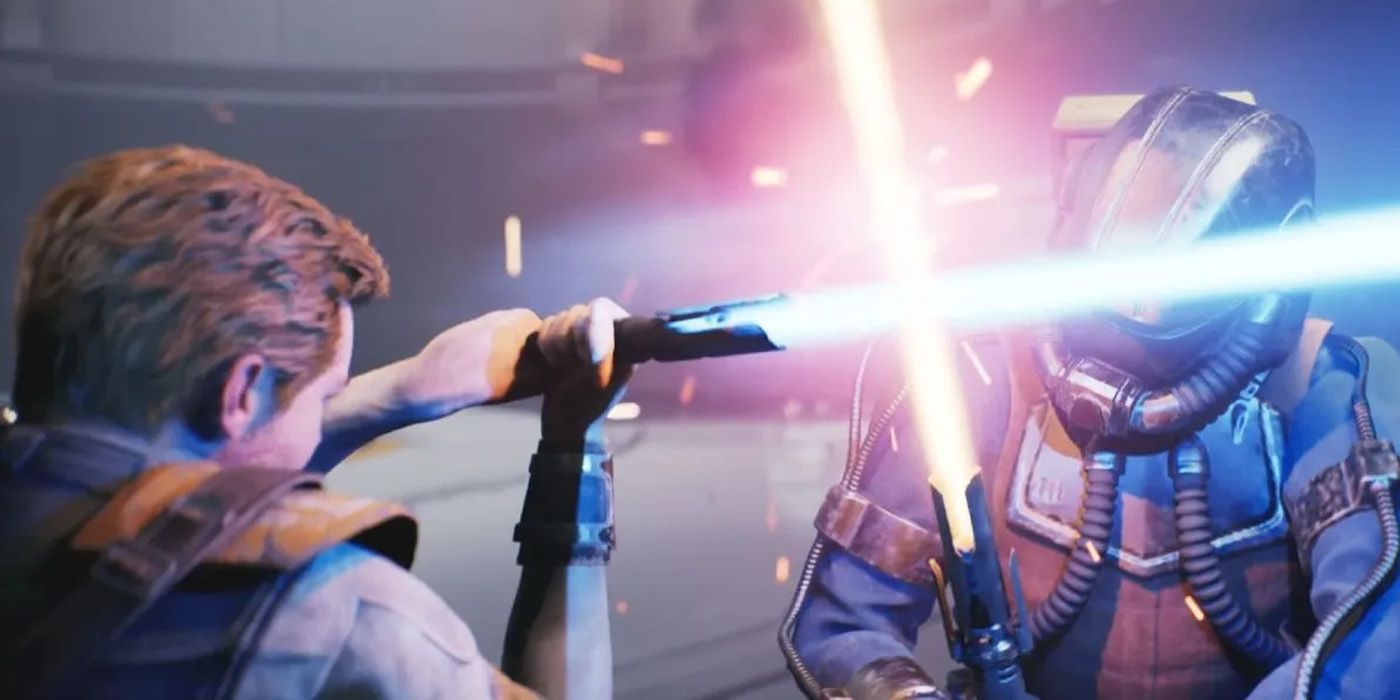A screenshot from Star Wars Jedi: Survivor, featuring Cal Kestis battling an enemy with his lightsaber.
