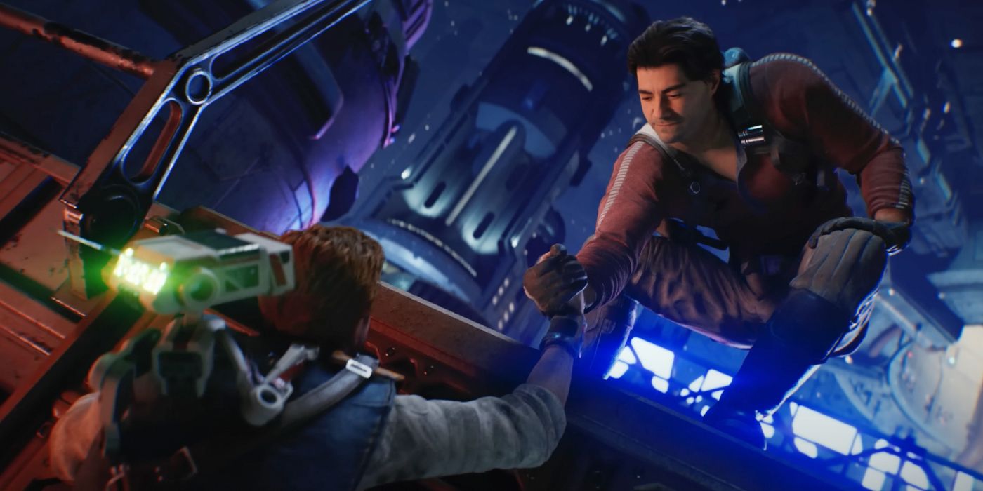 Imagem de Bode Akuna ajudando Cal Kestis a subir em uma saliência em Star Wars Jedi: Survivor.