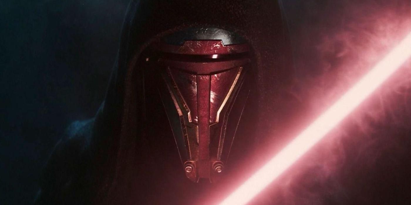 A closeup of Darth Revan's mask illuminated by a red lightsaber from the Star Wars Knights of the Old Republic remake trailer