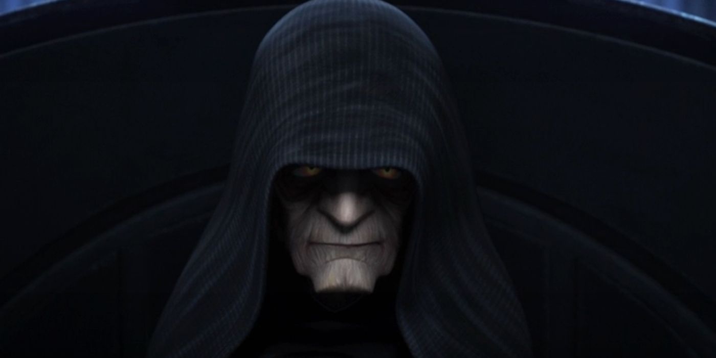 Palpatine in Star Wars: The Bad Batch glaring from under his hood