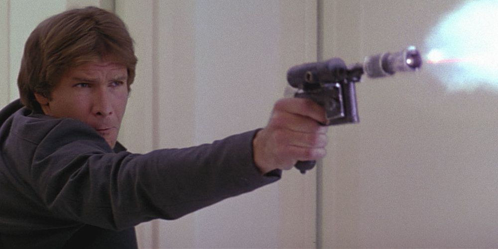 Han fires a blaster in Star Wars