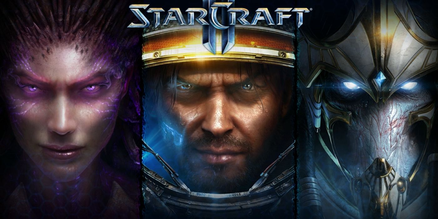 Starcraft II promo art featuring characters from each of the game's main factions.