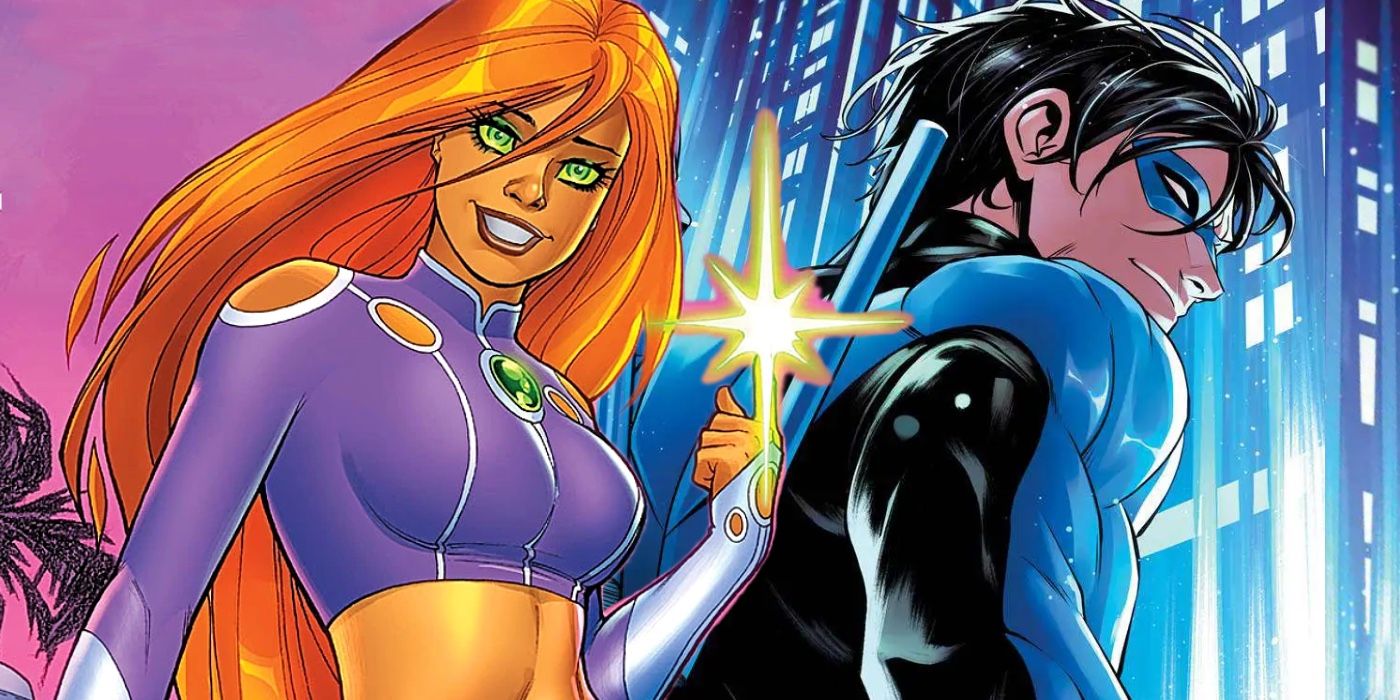 Starfire finger light and nightwing looking back