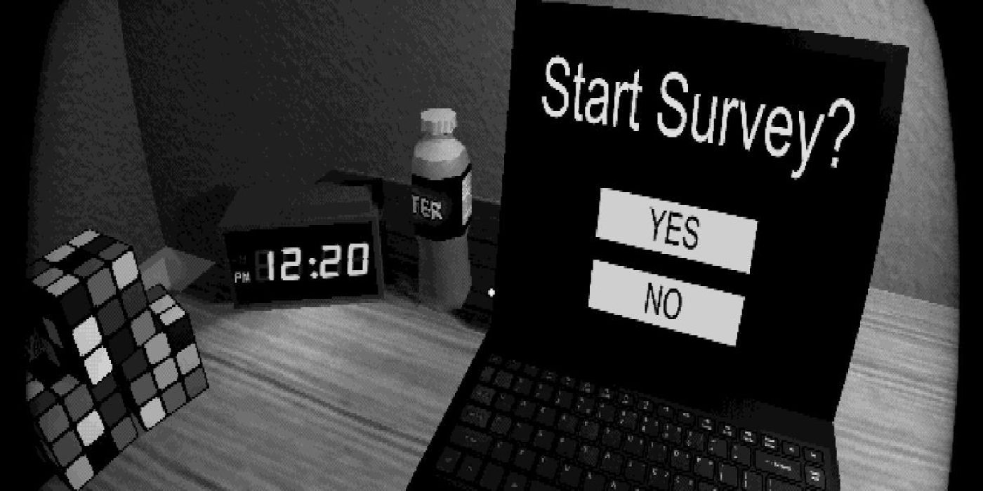 Black and white screen with a computer that asks "Start Survey?"