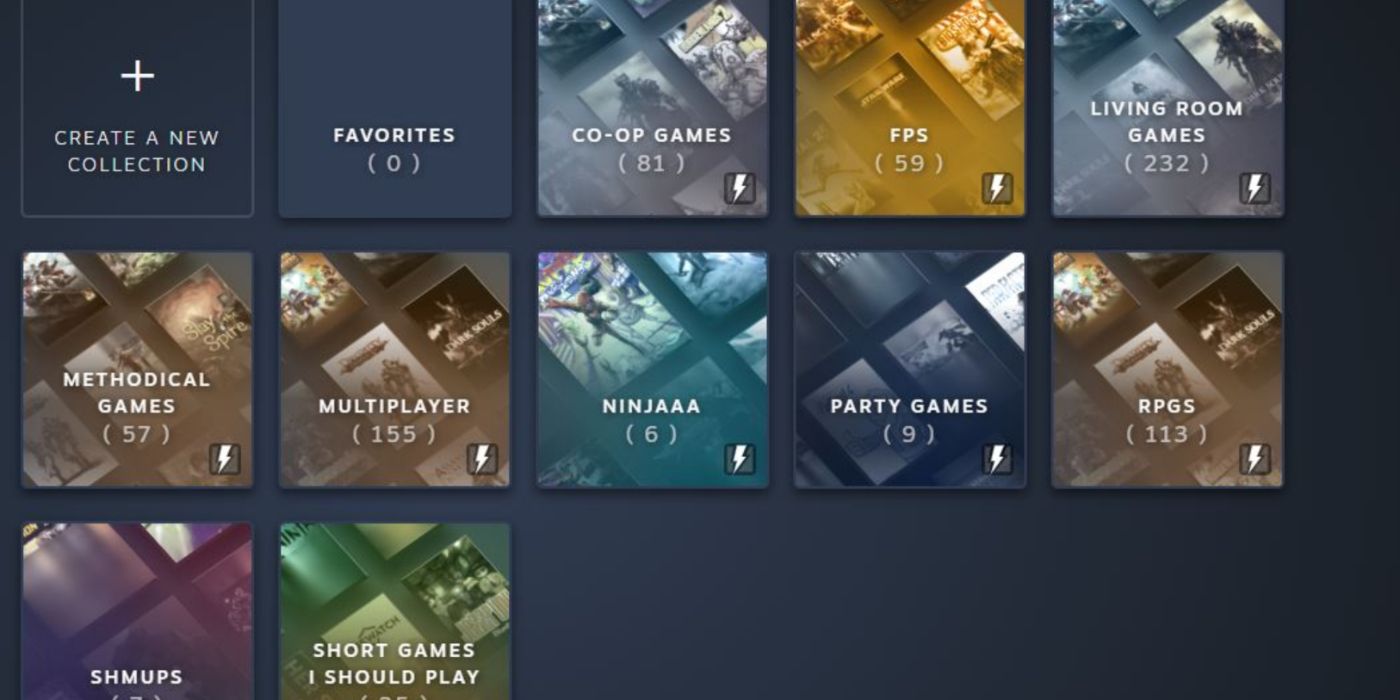 Uma captura de tela das várias coleções do Steam de um usuário.