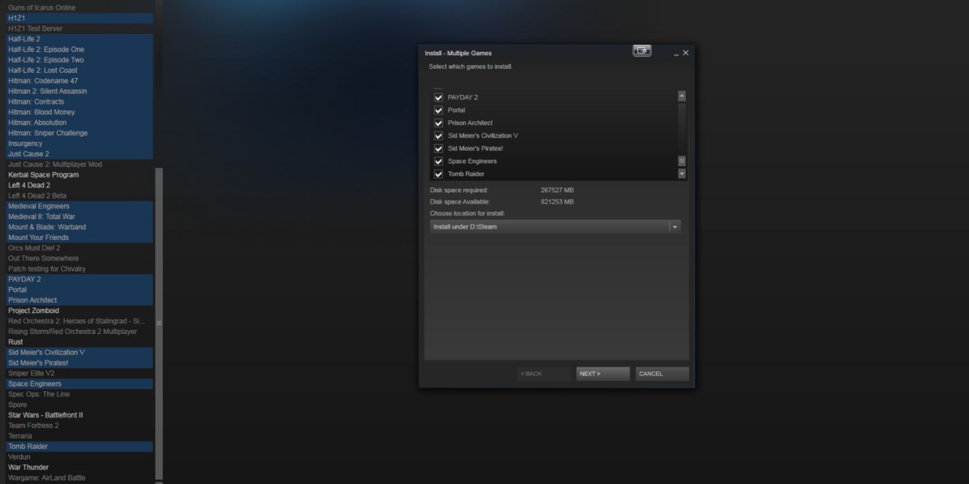 Uma captura de tela de vários jogos sendo colocados na fila para instalação no Steam.