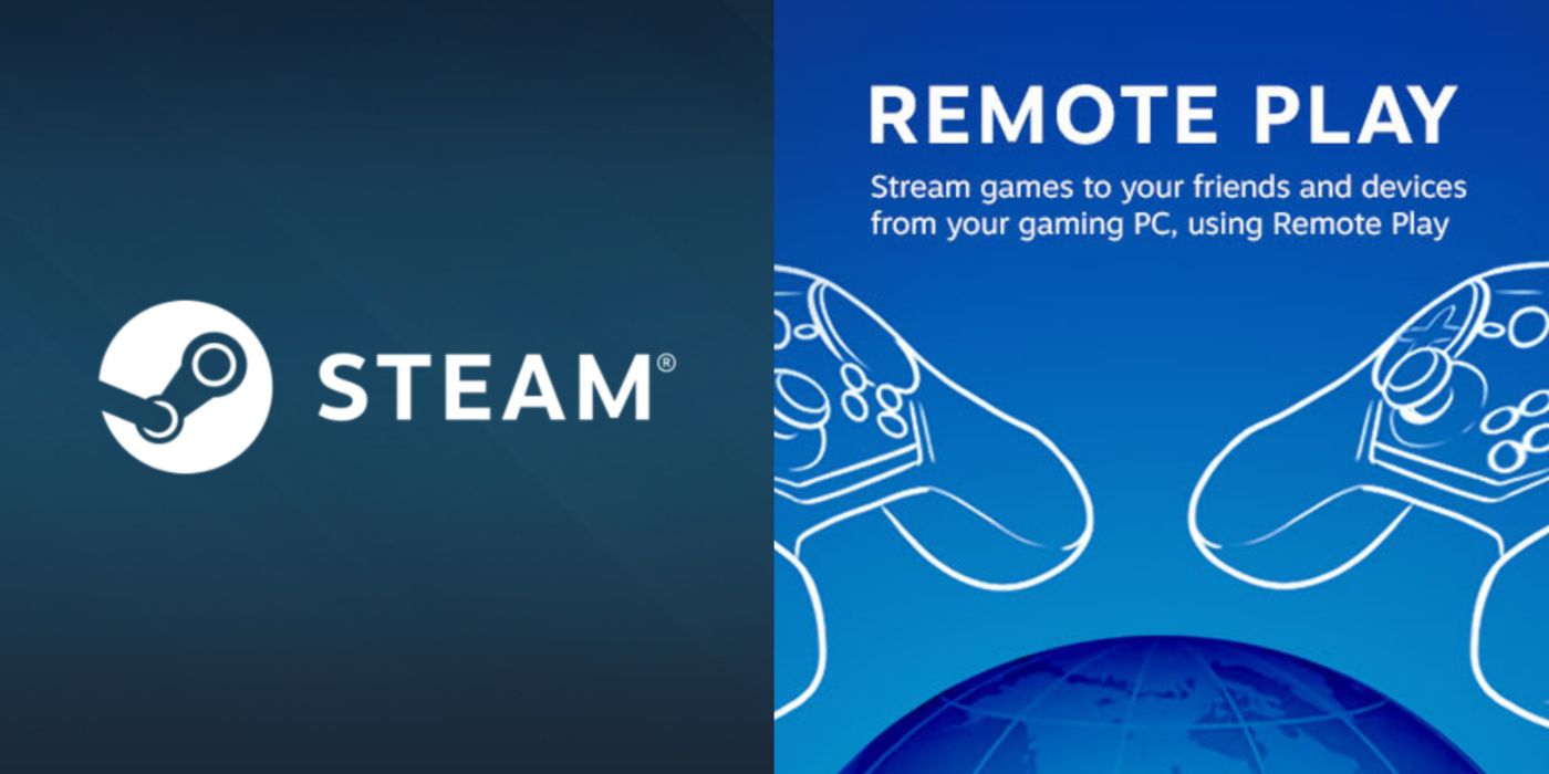 Split image of the Steam logo and promo art for the Steam Remote Play feature.