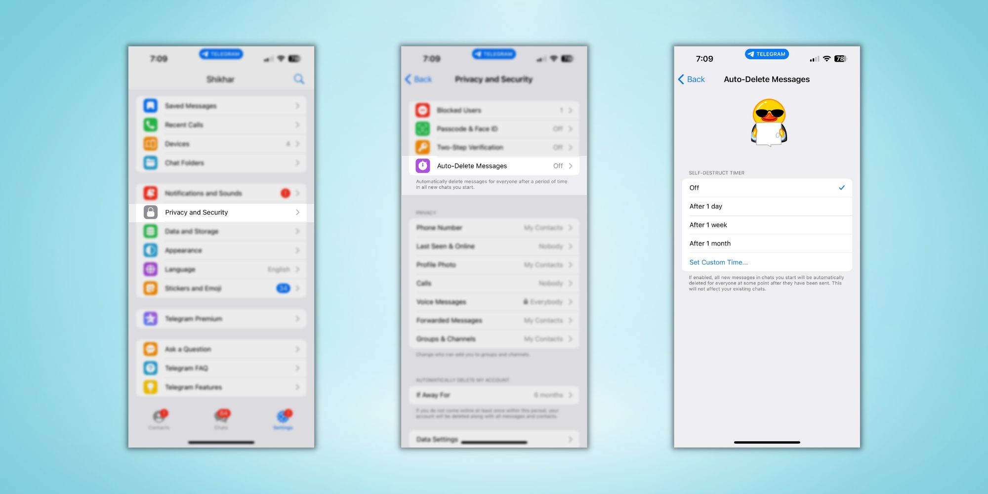 Capturas de tela das etapas para ativar o recurso de exclusão automática do Telegram para todos os chats, em um fundo gradiente azul