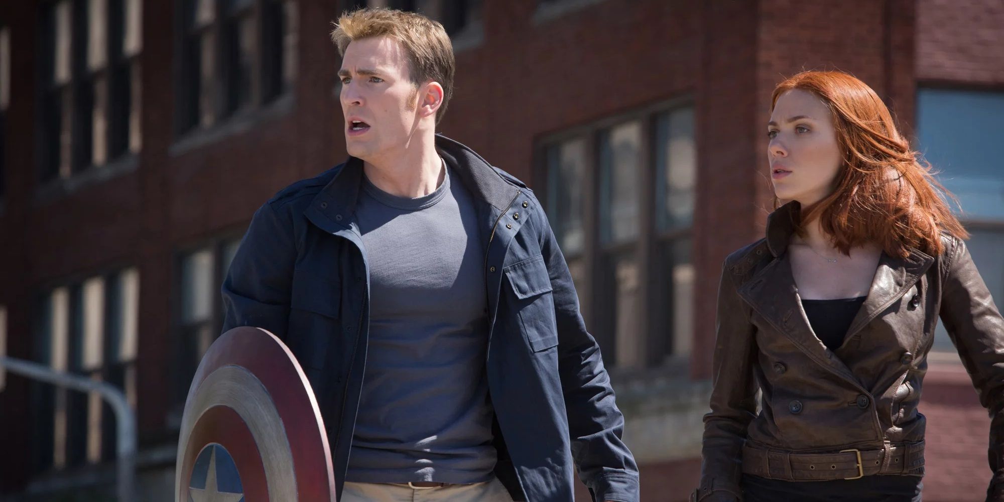 Steve and Natasha on a bridge in Captain America: The Winter Soldier